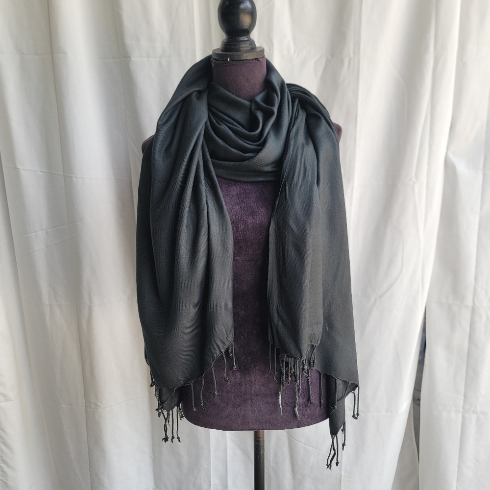 Womens Soft Knit Unisex Shawl Scarf WOVEN FRINGE Charcoal Gray 33" X 78"